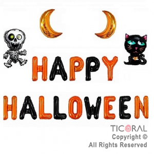 GLOBO METALIZADO FRASE HAPPY HALLOWEEN MAYUSCULA Y FIGURAS 18 PIEZAS (219-28)